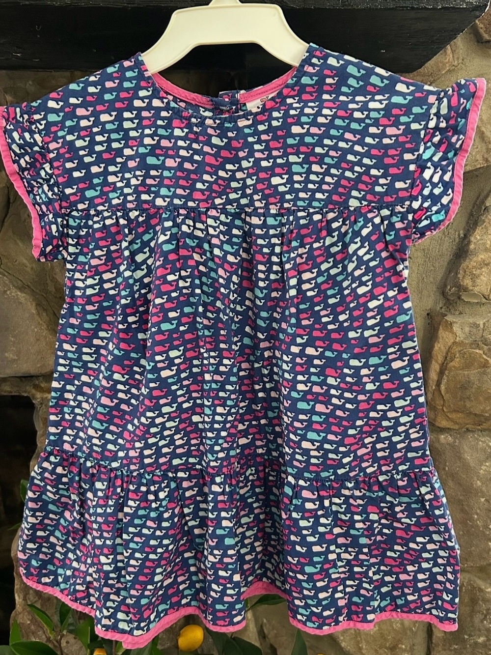 Girls Vineyard Vines Whale Print Ruffle Short Sleeve Dress - Navy & Pink Size 4